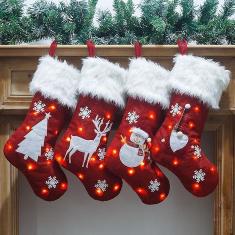 paquet De 4 Ornements De Nol Avec Lumires, Bas De Nol Brods En Lin Rouge, Sacs Cadeaux, Bas De Nol Lumineux (1/5)