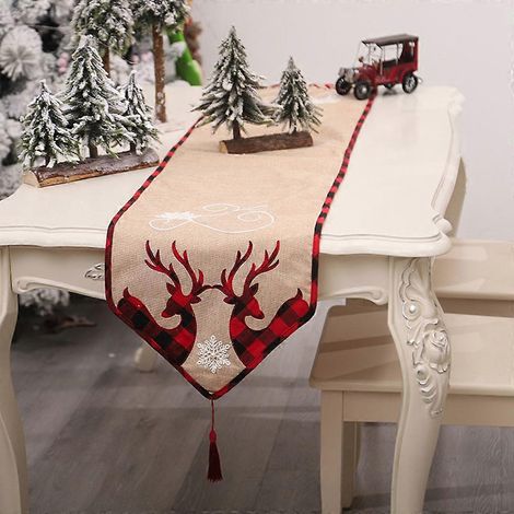 Chemin de table de Noël avec motif de cerfs et d'élans, en toile de jute antidérapante, pour une décoration de table champêtre ou un mariage. (1/4)
