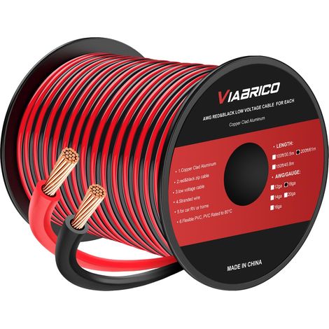 Câble électrique 18 AWG, 61 m, 2 conducteurs rouge et noir, bandes d'éclairage LED, cordon d'extension flexible 12 V/24 V CC (1/5)