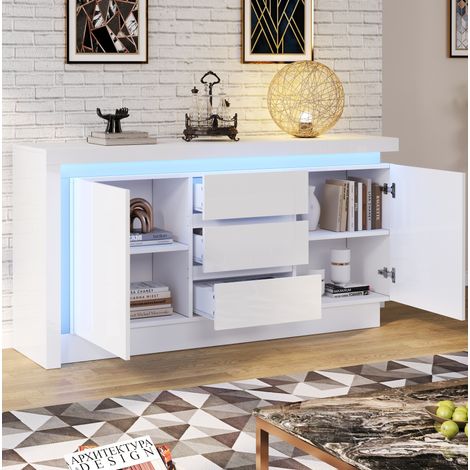 Sideboard (140 x 35 x 72 cm), mit 2 Schränken, 3 Schubladen, LED, Hochglanzoberfläche, Holzwerkstoff, Weiß (1/5)