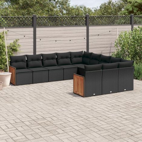 11-tlg. Garten-Sofagarnitur mit Kissen Schwarz Poly Rattan (1/5)