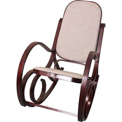 Fauteuil à bascule rocking chair en bois foncé assise en tissu beige FAB04043 (1/3)