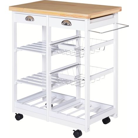 HOMCOM Carrello Portavivande con Cassetti Ripiani e Cestelli in Legno di Pino (1/5)