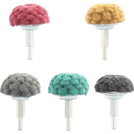 Tête de polissage (brossage) en forme de tampon de récurage - 5 pièces 50MM pour perceuse abrasif avec poignée 1/4 pour collecteurs/aluminium/acier inoxydable/chrome, etc. (1/5)