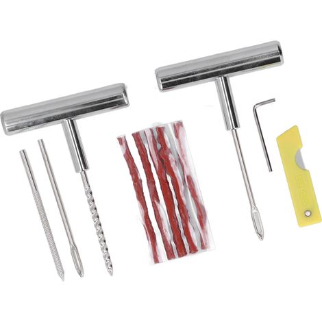11-teiliges Reifenreparaturset, T-Werkzeug mit Griff, Stopfen, Raspel, Messer, Inbusschlüssel, Panneneinsatz, komplettes Set. (1/5)