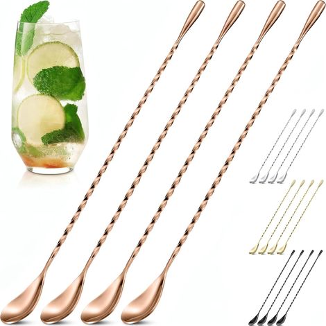 Un juego de 4 cucharillas de cóctel: una cucharilla de cóctel/mezcla de 30 cm en acero inoxidable pulido color oro rosa.