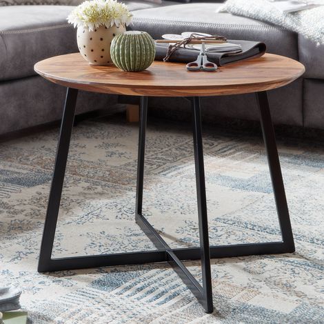 Table basse ronde 60x60x45 cm en sheesham massif et acier (1/5)
