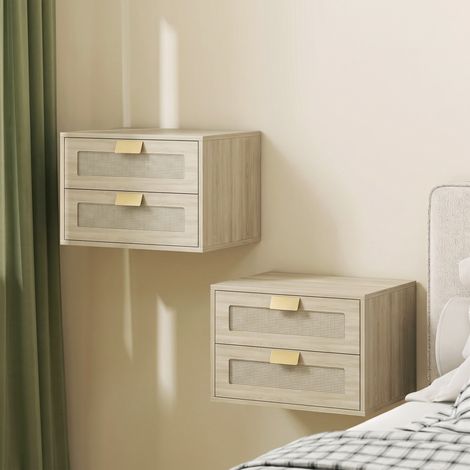 Lot de 2 Tables de Chevet Murales, Tables de Nuit Suspendues avec 2 Tiroirs et Plateau à Effet Rotin, Chêne (1/5)