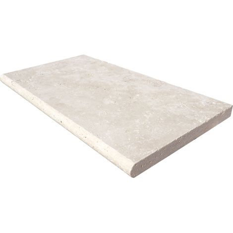 Margelle en travertin 1er choix crème – Dimensions 33x61x3cm – Bord rond vieilli pour piscine – Colle flexible recommandée