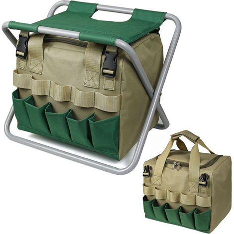Tabouret de jardin pliant avec sac de rangement amovible en toile siège outil multifonction pour camping pêche exploration nature (1/3)