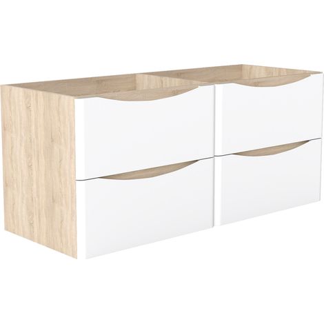 AICA Meuble de salle de bain suspendu 120 cm Brillant + 4 tiroirs, Blanc et Chêne - sans compter vasque