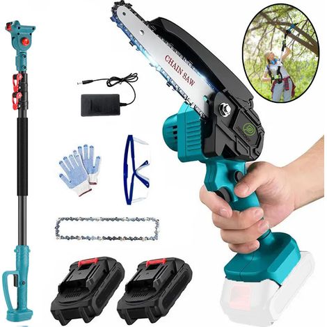 Scie à chaîne sans fil de 6 pouces, tronçonneuse électrique extensible 2 en 1, taille-arbre avec 2 chaînes, batterie 2x3,0 A et chargeur, compatible avec la batterie Makita (1/5)