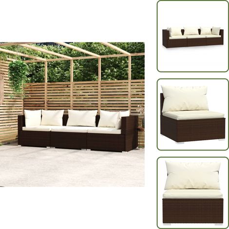 The Living Store Divano a 3 Posti con Cuscini in Polyrattan Marrone - Divano da patio