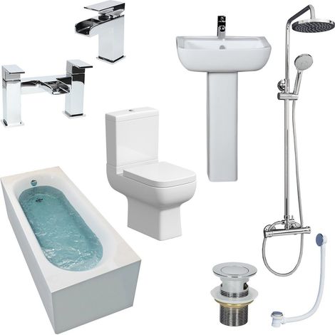 Complete Bathroom Suite 1700 Straight Bath Toilet Basin Shower (1/5)