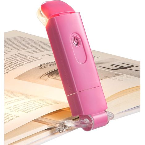 Lampe de lecture rechargeable USB avec pince à livres, blanc chaud, 2 niveaux de luminosité, 350 réglable, pliable et portable (37 g), idéale pour lire au lit ou en voyage (rose). (1/5)