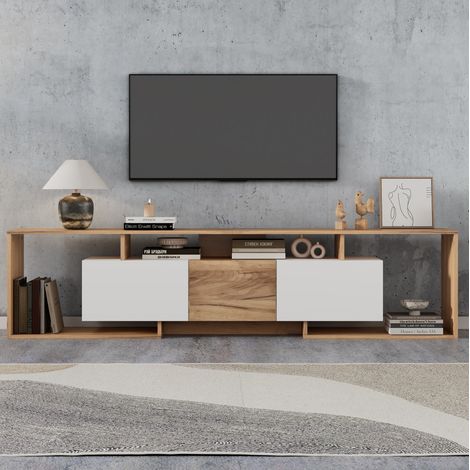 Mueble TV 180 x 30 x 49 cm, 2 puertas abatibles, 1 puerta batiente, blanco y madera DESVIAE (1/5)