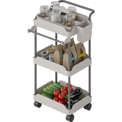 Desserte de cuisine à 3 niveaux sur roulettes, grise, paniers amovibles, porte-serviette (1/5)
