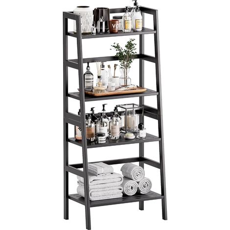 Étagère en Échelle, Bibliothèque en Bambou à 4 Niveaux, Organisateur de Rangement pour la Salle de Bain, Support D'exposition de Plantes Fleur pour Les Petits Espaces, Noir (1/5)