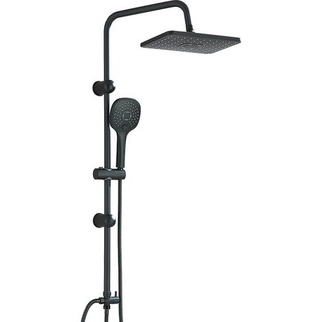 Colonne de douche murale noir mat double pommeau hauteur fixe 99cm, mitigeur bain douche avec pommeau de pluie carré grand format et douchette à main multi-jets, ensemble complet pour salle de bain mo (1/5)