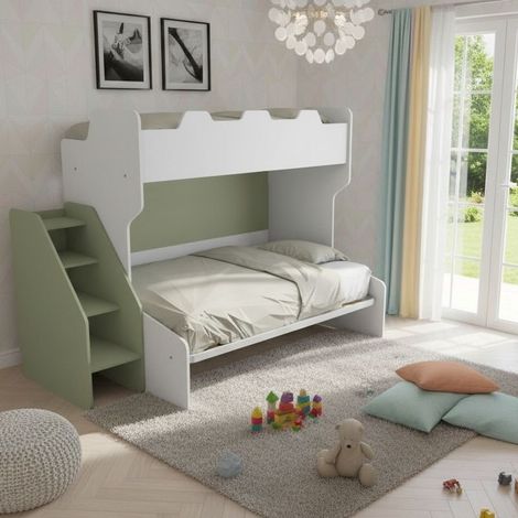 Letto a castello 3 posti con terzo letto estraibile e scaletta contenitore - Una piazza e mezza - Bianco e Salvia