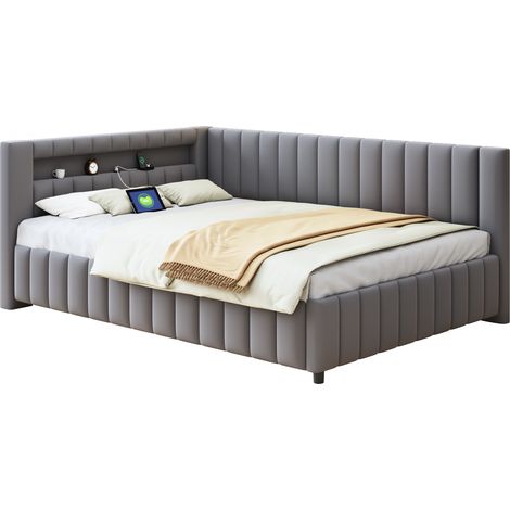 Canapé-lit tissu velours gris 140x200 cm en L, avec LED et port USB, sommier à lattes inclus (1/5)