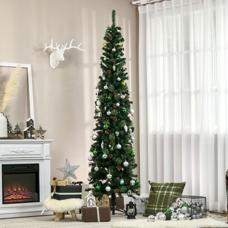 Sapin de Noël de 225 cm avec 706 branches, sapin étroit en forme de crayon avec 56 pommes de pin, base pliable, vert (1/5)