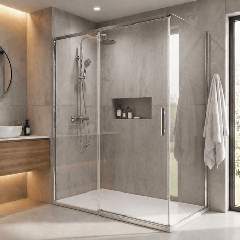 Pack douche fermée (entre deux murs) chromé : receveur blanc 140x90 cm + paroi coulissante + paroi latérale fixe