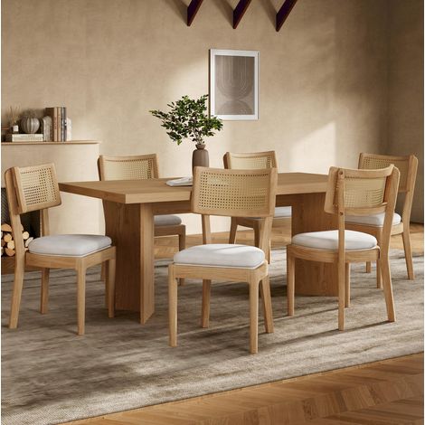 Lot de 6 chaises de salle à manger en bois, dossier en rotin et assise en lin DESVIAE (1/5)