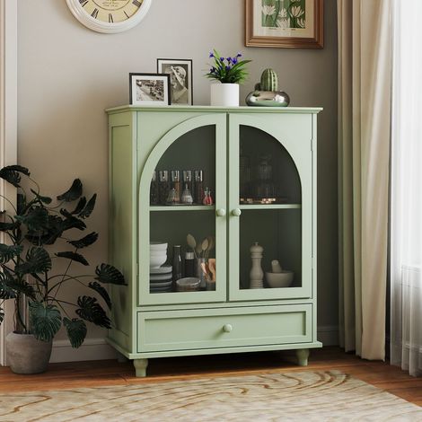 Vitrine doubles portes vitrées cintrées finition verte tiroir dessus à plusieurs niveaux (1/5)