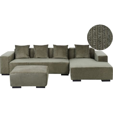 Corner Sofa 4 Seater LUNGO Corduroy Green with Ottoman Left Hand (1/5)