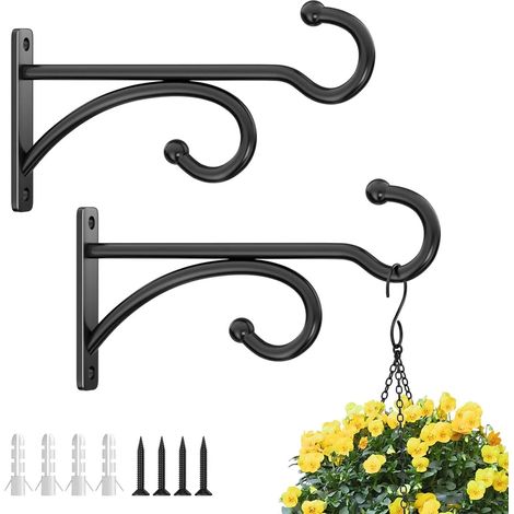Crochets pour plantes de 20 cm, adaptés aux plantes suspendues, aux paniers de fleurs, aux mangeoires à oiseaux, etc. (Noir, lot de 2) (1/5)