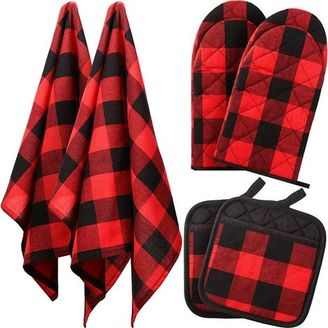 Lot de 6 torchons de cuisine et maniques à carreaux rouge et noir, set de gants de four et poignées pour cuisson, pâtisserie et barbecue, serviettes en tissu écossais multifonctions pour cuisine (1/5)