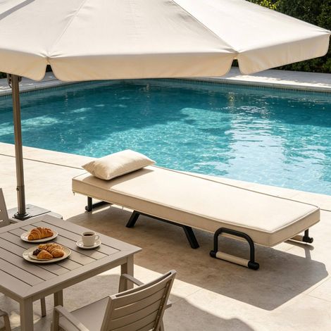 Sillón cama 65x78x75 cm beige en lino y metal convertible 3 en 1 con respaldo ajustable (1/5)