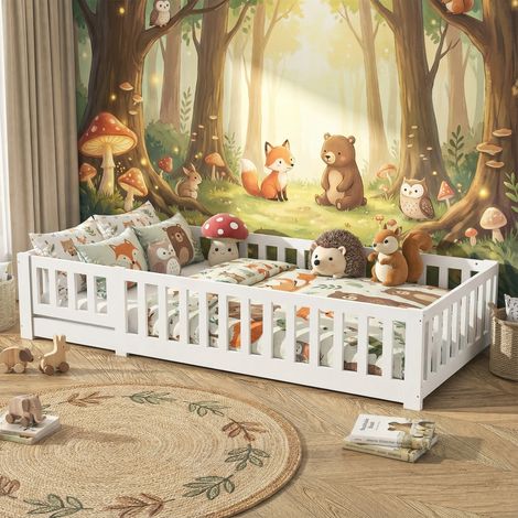 Letto per bambini 90x200, letto singolo, letto montessori, letto a terra con sponde e cancelletto di sicurezza, struttura in legno e metallo, stile moderno/scandinavo(90x200 cm, Bianco)