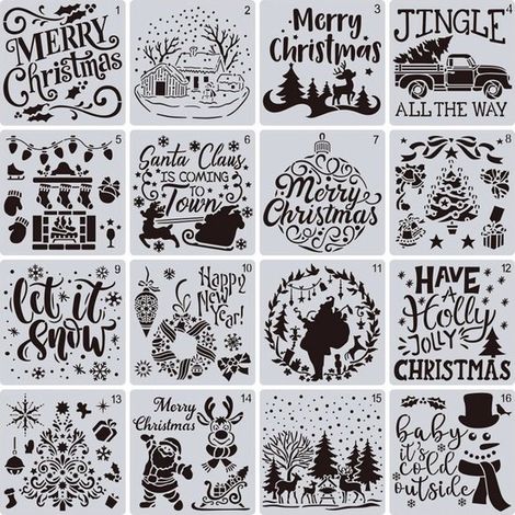 Lot de 16 pochoirs souples - Modèles Noël - 15 x 15 cm - Pour bullet journal et lettrage à la main - Accessoire créatif (1/4)