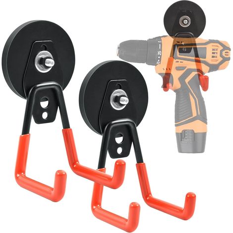 Lot de 2 crochets magnétiques robustes pour garage, crochets magnétiques robustes pour porte d'entrée, manteau, sac, perceuse, boîte à outils, pelle, balai, décorations extérieures (orange, taille S (1/5)