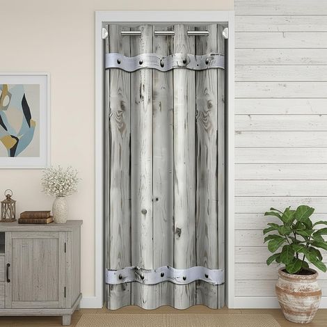 Rideau de porte en bois de village - 86 x 203 cm - Style ferme - Vieille grange - Rideau de porte pour l'extérieur - Rétro - En métal - Pour chambre à coucher - 86L X 203H cm (1 Panneaux) (1/5)