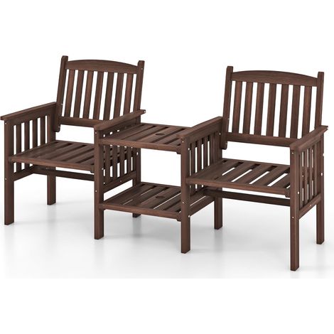 GOPLUS 3 Pièces Salon de Jardin Exterieur 2 Personnes en Bois de Pin avec 2 Fauteuils et 1 Table, Chaises Banc de Balcon avec Trou Parasol pour Terrasse, Patio, Salon, Balcon (165x60x88CM,Marron) (1/5)