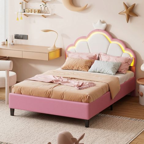 Prinzessinnenbett 140x190 cm mit Lattenrost - Kronen-Kopfteil mit mehrfarbiger LED - Samtbezug Rosa - höhenverstellbar