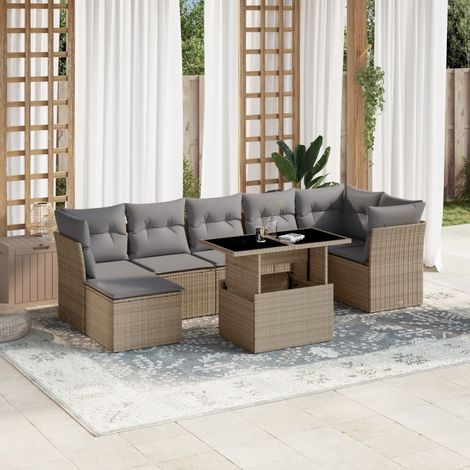 Salon de Jardin 8 Places en Résine Tressée Beige avec Coussins Gris - Table Réglable et Mobilier Modulaire pour Terrasse (1/5)