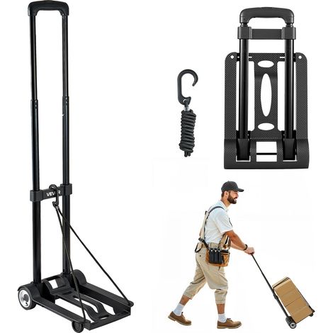 VEVOR Diable Pliant 2 Roues, Chariot a Bagages Pliable, Capacite de Charge 49,9 kg, avec 1 Corde Elastique, Chariot Utilitaire a Plateforme pour Demenagement, Manutention, a lAeroport, Bureau, Noir