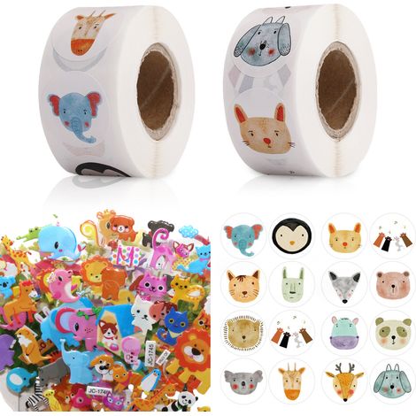 Autocollants Animaux - 2 Rouleaux Autocollants Ronds Récompense Auto-adhésifs + 3 Autocollants Animaux 3D - Décoration Enfants École Fête - Lot de 5 Pièces (1/5)