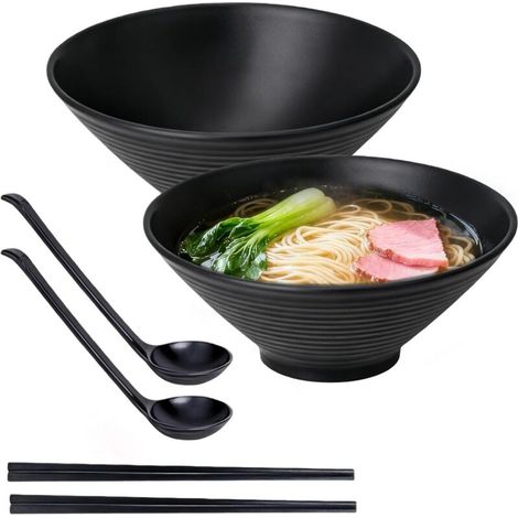 Set of 2 Japanese ramen bowls, 1100 ml, large bowl with chopsticks and spoons, ramen bowl for soups, salads, pasta, fruit, sushi (black) (1/5)
