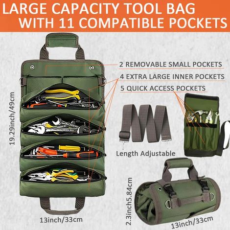 Tool Bag Roll Up, Heavy Duty Rolled Empty Tool Storage Organization, Portable Foldable Rollup Organizer with 2 Small Pouches, Rollable Carrying Toolbag, Dad Men Mechanic Birthday Gifts (Green) (1/5)