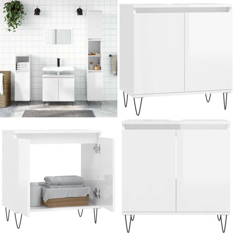 Armario de baño madera de ingeniería blanco brillo 58x33x60 cm - Armario de baño madera - Armario de baño blanco