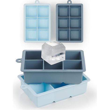 Bacs à glaçons extra larges - Lot de 2 bacs, chacun produisant 6 glaçons XXL - Sans BPA, démoulage facile, compatible lave-vaisselle - Gris/Bleu clair (1/5)