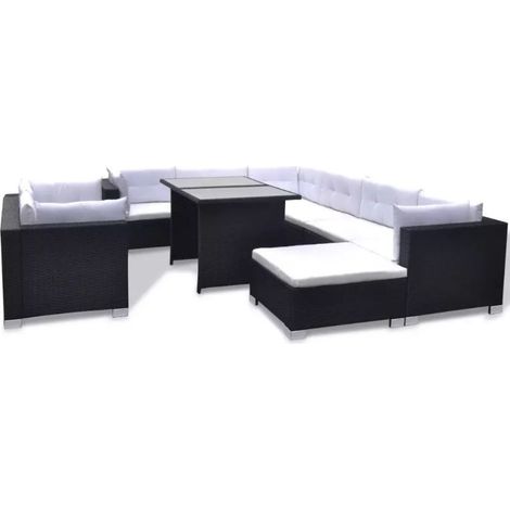 Salon de jardin 9 pièces résine tressée noir et coussins blanc Kim (1/5)