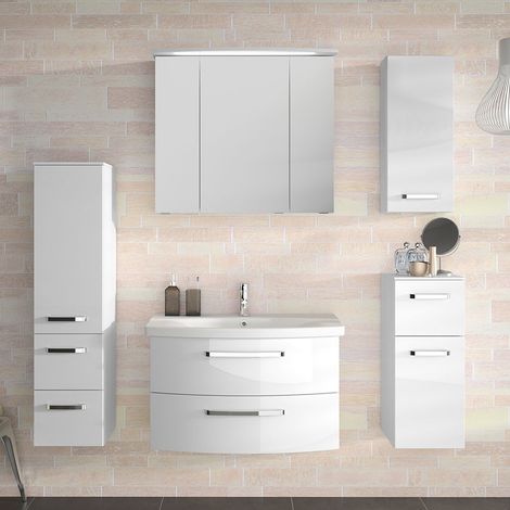 Badmöbel-Set 5-tlg. FES-4010-66 Fronten weiß Hochglanz, gerundeter Waschtisch, mit Soft-Close und LED - B/H/T: 174x200x46cm (1/5)