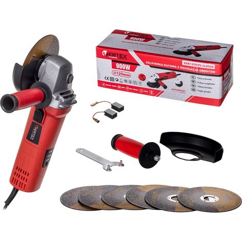 Vertex VSK12502V, 900 W, 125 mm, amoladora angular ajustable de 6 velocidades, 500-11000/min, con llave de disco y cepillos de carbón (1/5)