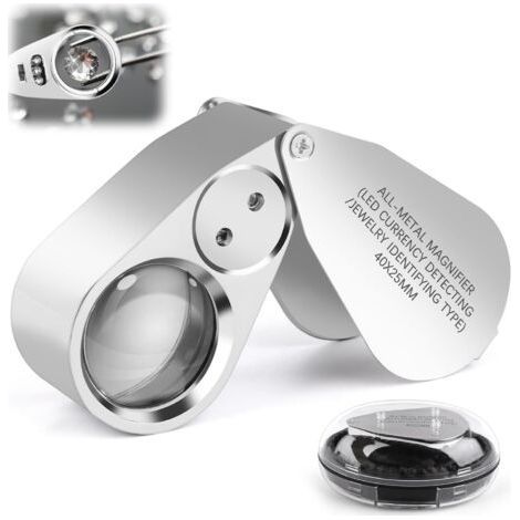 40X Jeweler Magnifying Glass, Stainless Steel Pocket Magnifying Glass, Metal with LED Light Magnifying Glass, for Diamonds, Jewelry, Coins, Jewelry Identification, Currency Recognition (1/5)